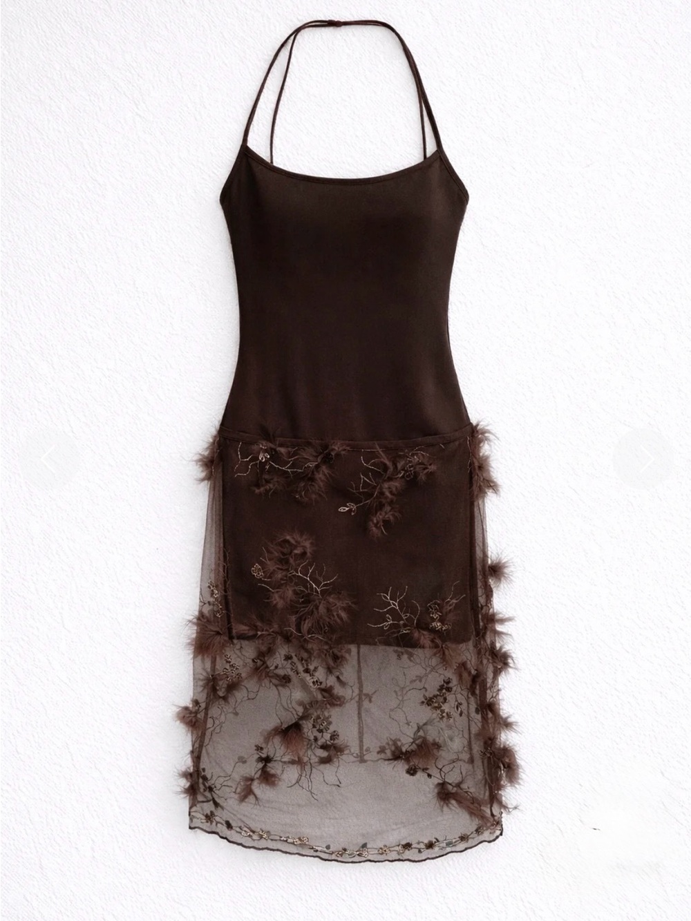 Tissimum Women’s Brown Halter Sheer Embroidered Dress